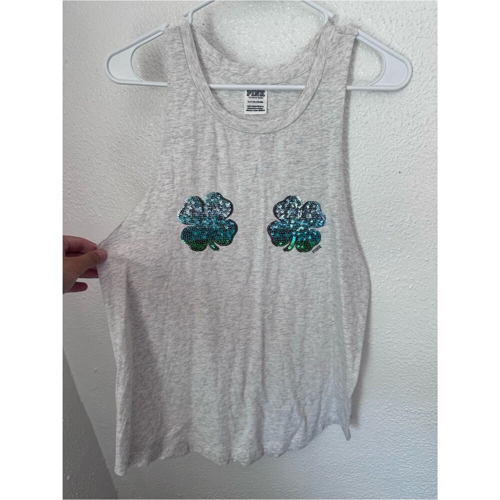 VS PINK St Patrick’s Day Clover Tank Top Women’s Size Small Sequins Green Gray